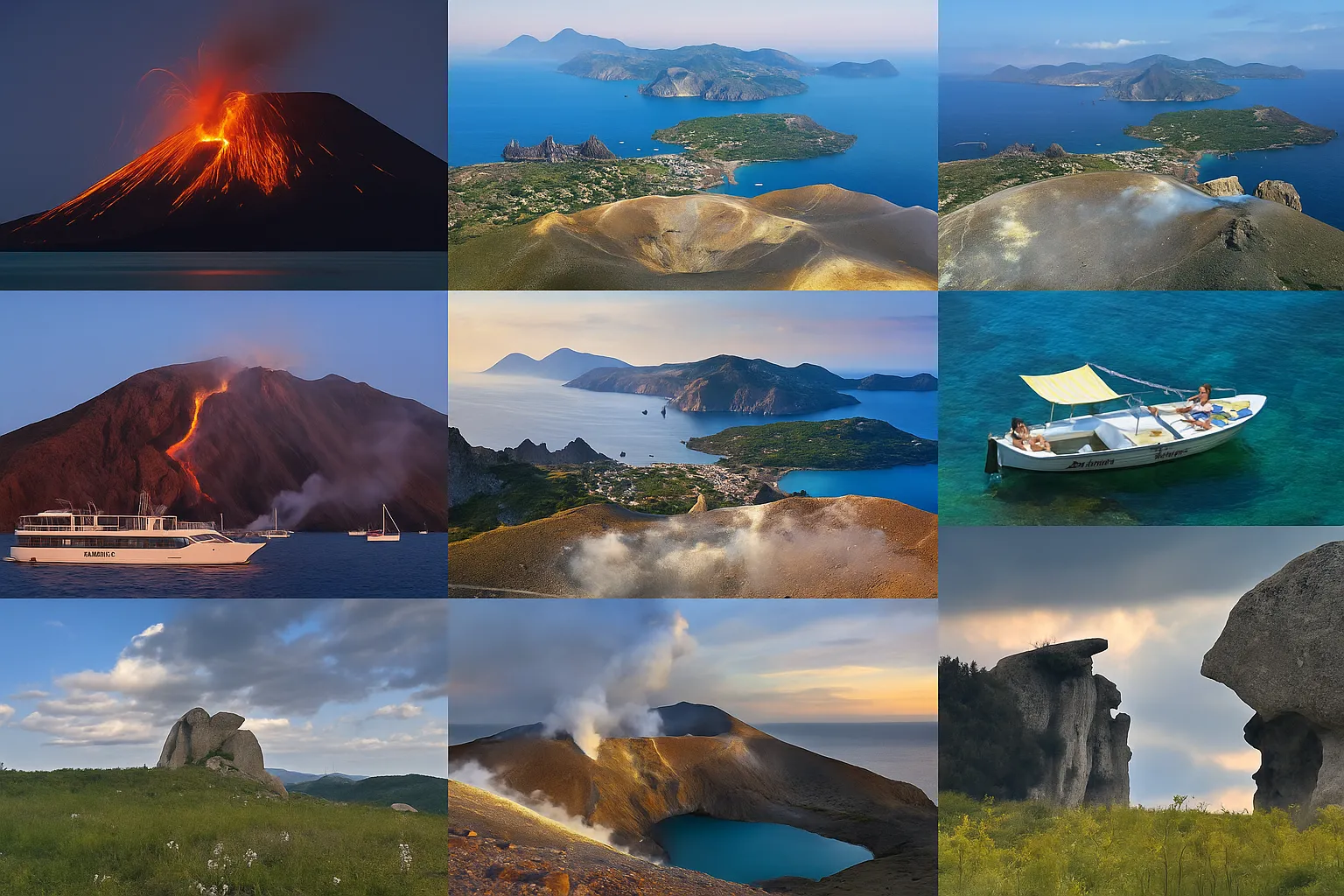 Collage di escursioni da Milazzo con paesaggi vulcanici, barche e formazioni rocciose naturali