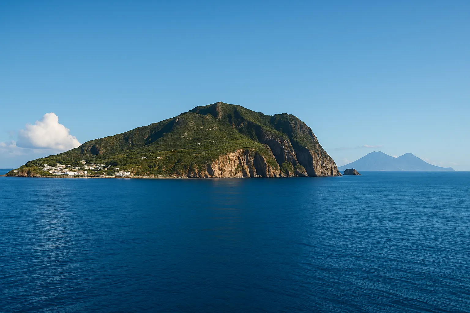 Vista dell'isola di Panarea con scogliere verdi e mare blu intenso