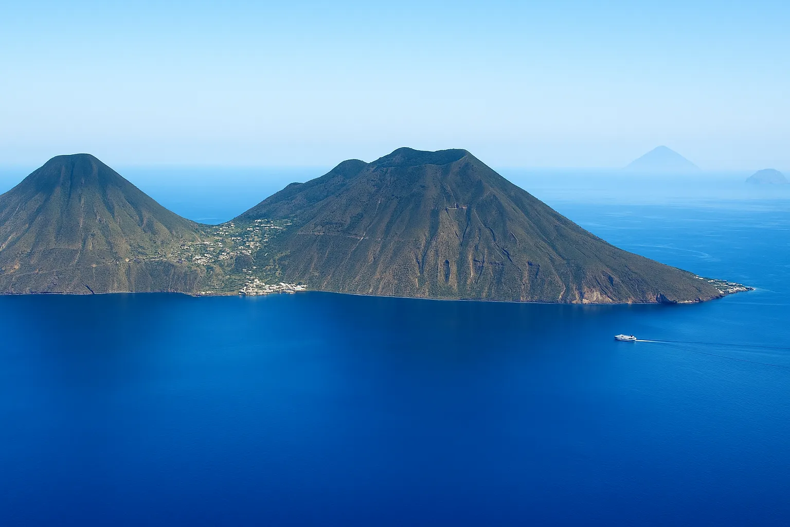 Veduta aerea di Salina con le due cime vulcaniche e villaggi costieri