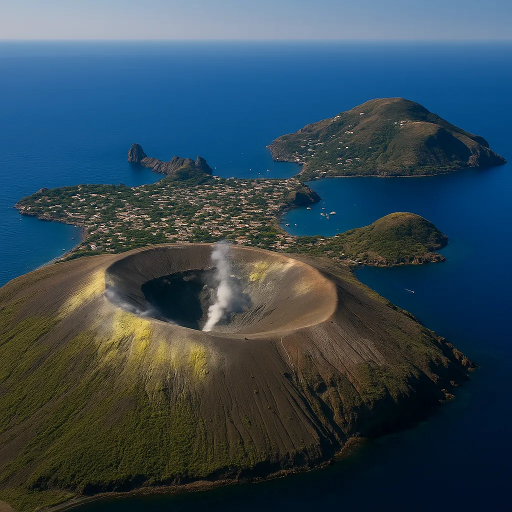 Veduta aerea del cratere di Vulcano e del villaggio costiero
