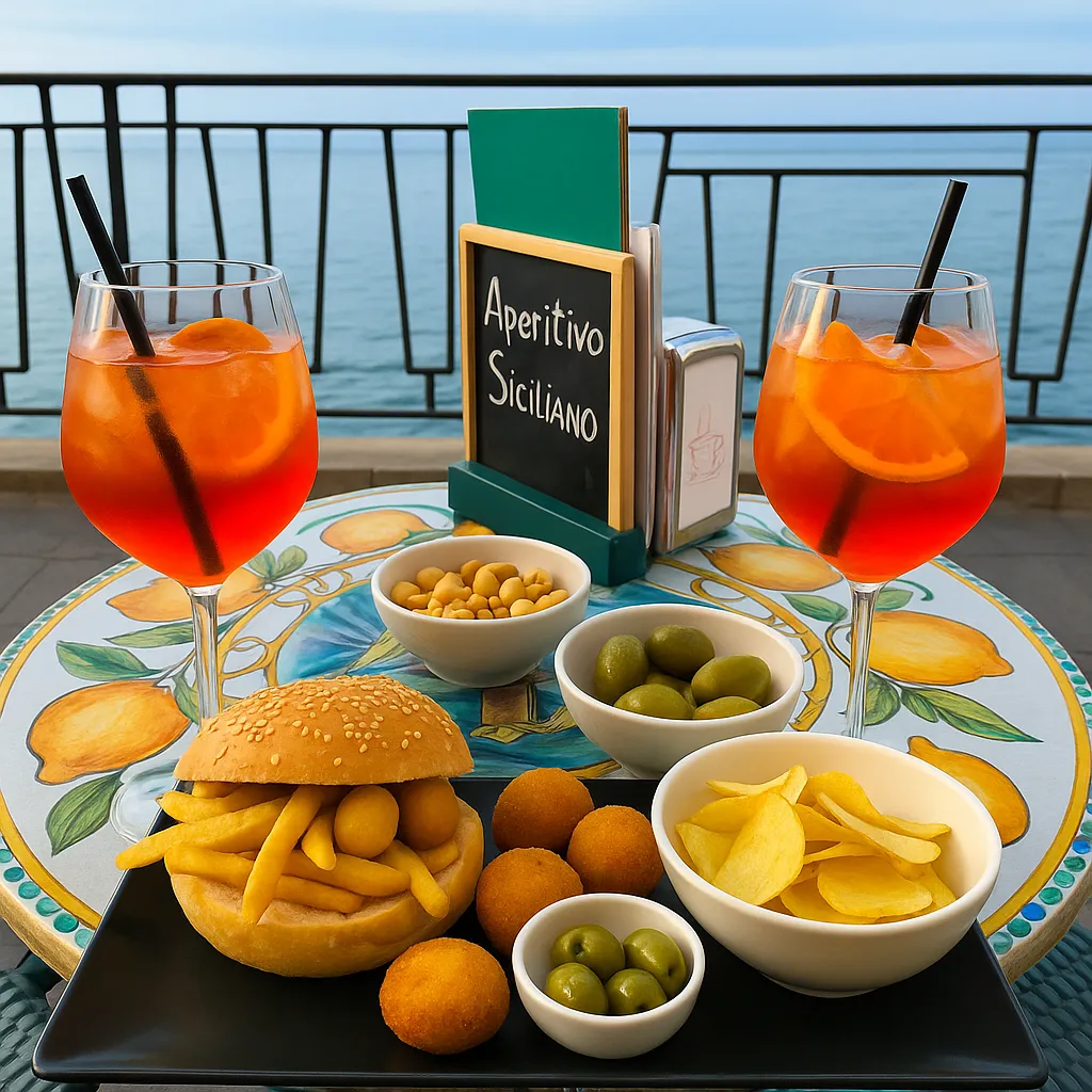 Aperitivo siciliano con Spritz e stuzzichini su tavolino vista mare a Milazzo