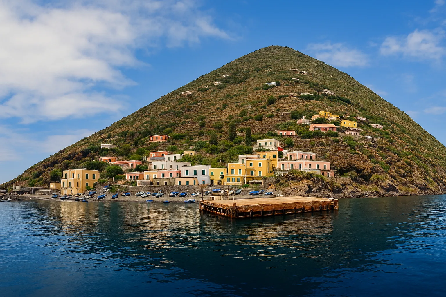 Vista del borgo costiero di Alicudi con case colorate e montagna sullo sfondo