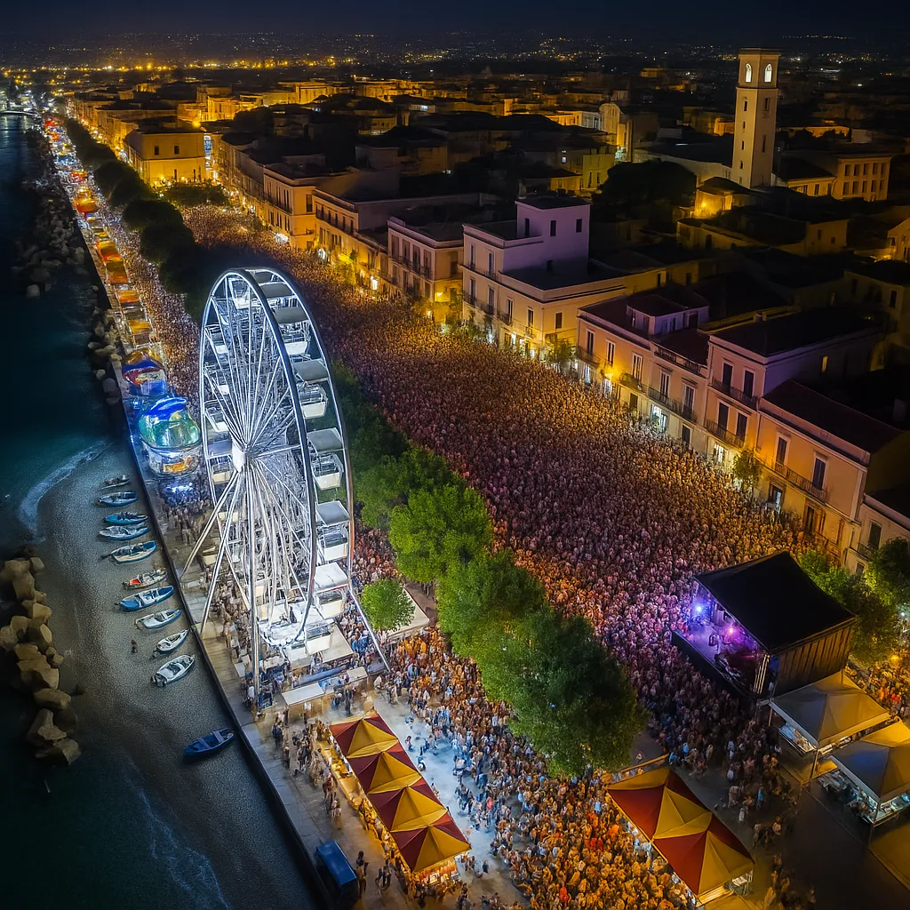 Vista notturna del lungomare di Milazzo animato da eventi e folla