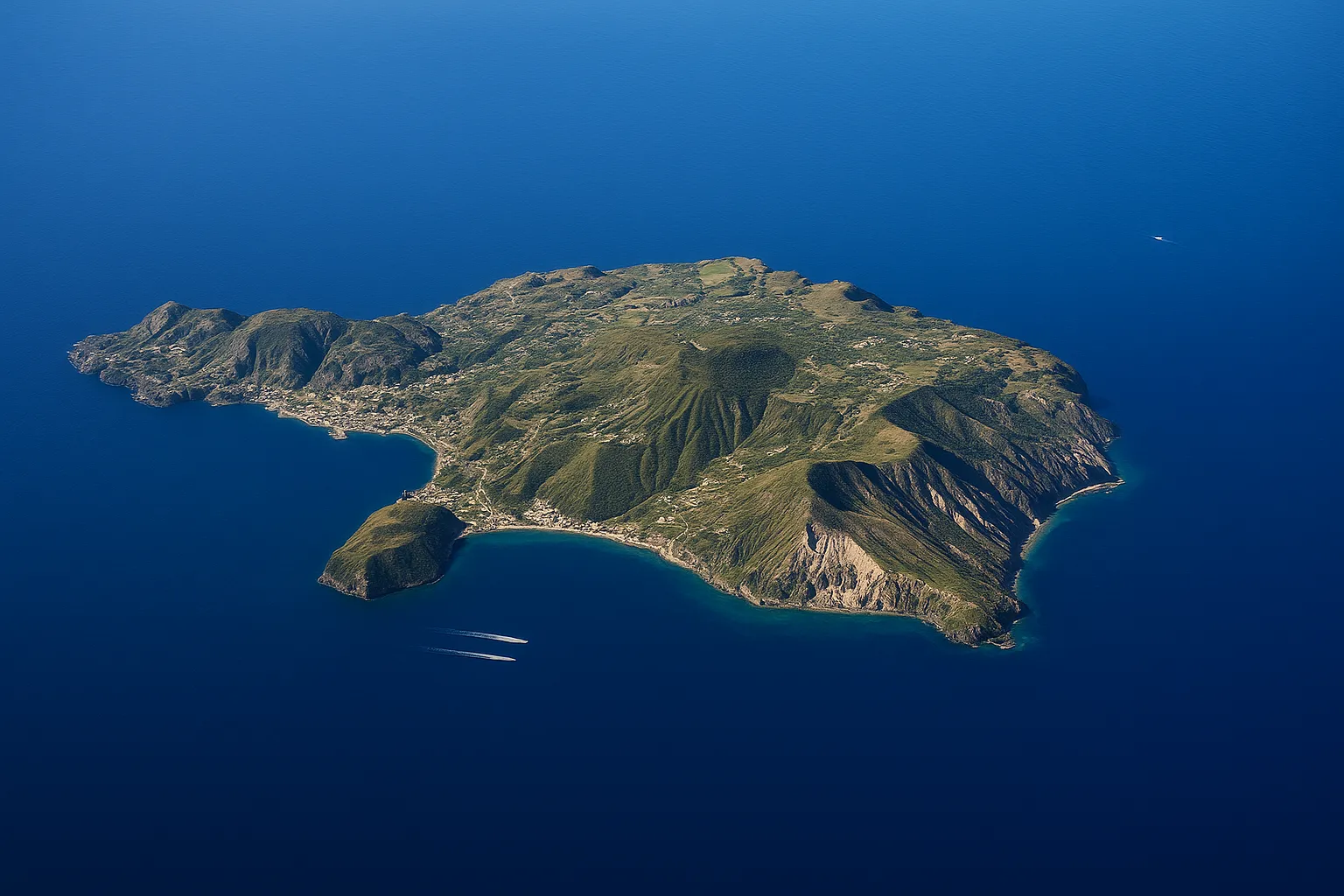 Veduta aerea dell'isola di Lipari con coste frastagliate e villaggi