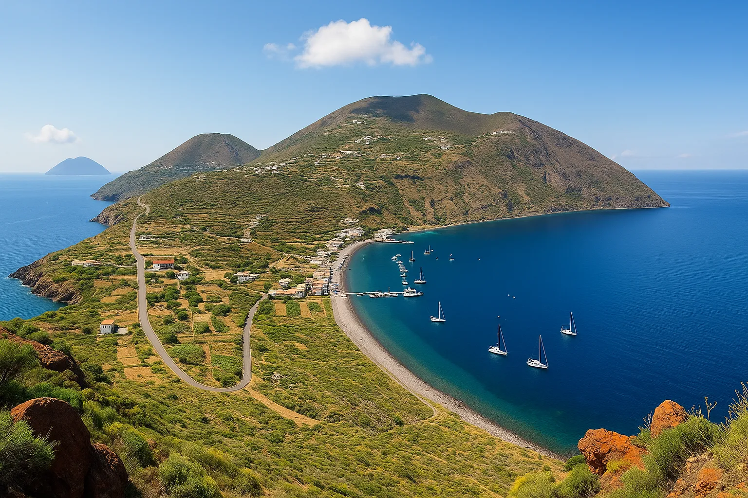 Vista panoramica di Filicudi con spiaggia, colline verdi e barche ancorate