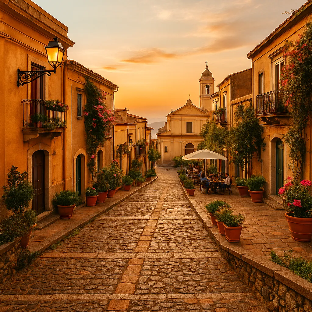 Centro storico di Milazzo al tramonto, con strada in pietra e chiesa barocca