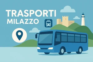 Illustrazione flat di un autobus con Castello e Faro di Milazzo, testo "Trasporti Milazzo"
