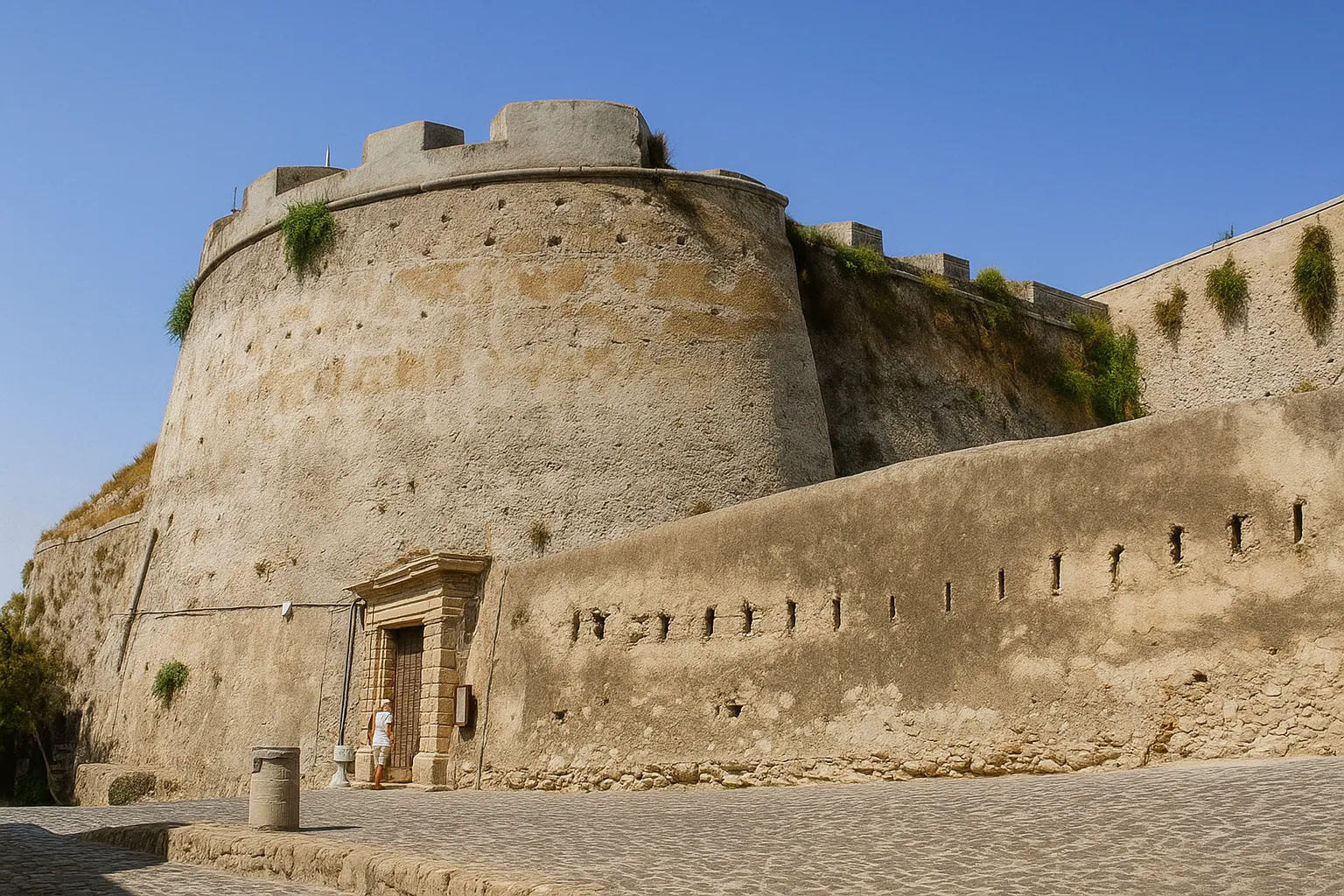 Bastione spagnolo del castello di Milazzo visto da vicino con ingresso e mura