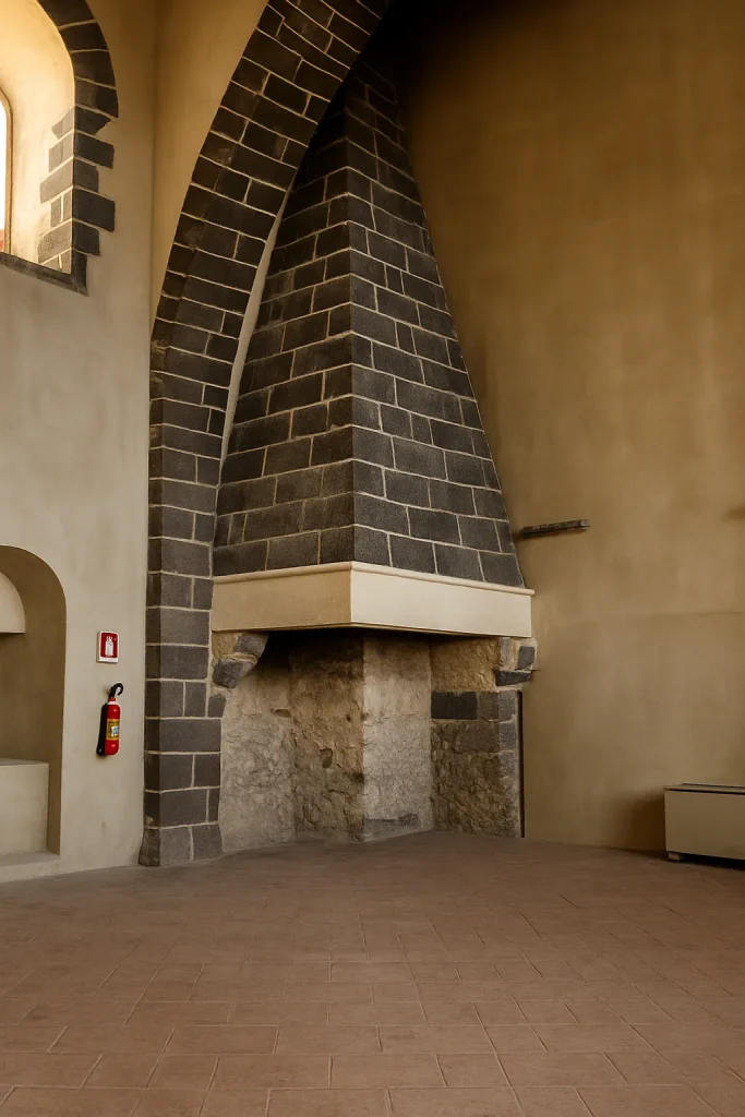 Grande camino in pietra lavica all'interno del Castello di Milazzo