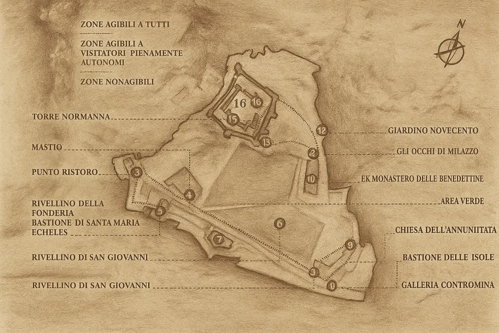 Mappa del castello di Milazzo disegnata in stile antico su carta pergamena