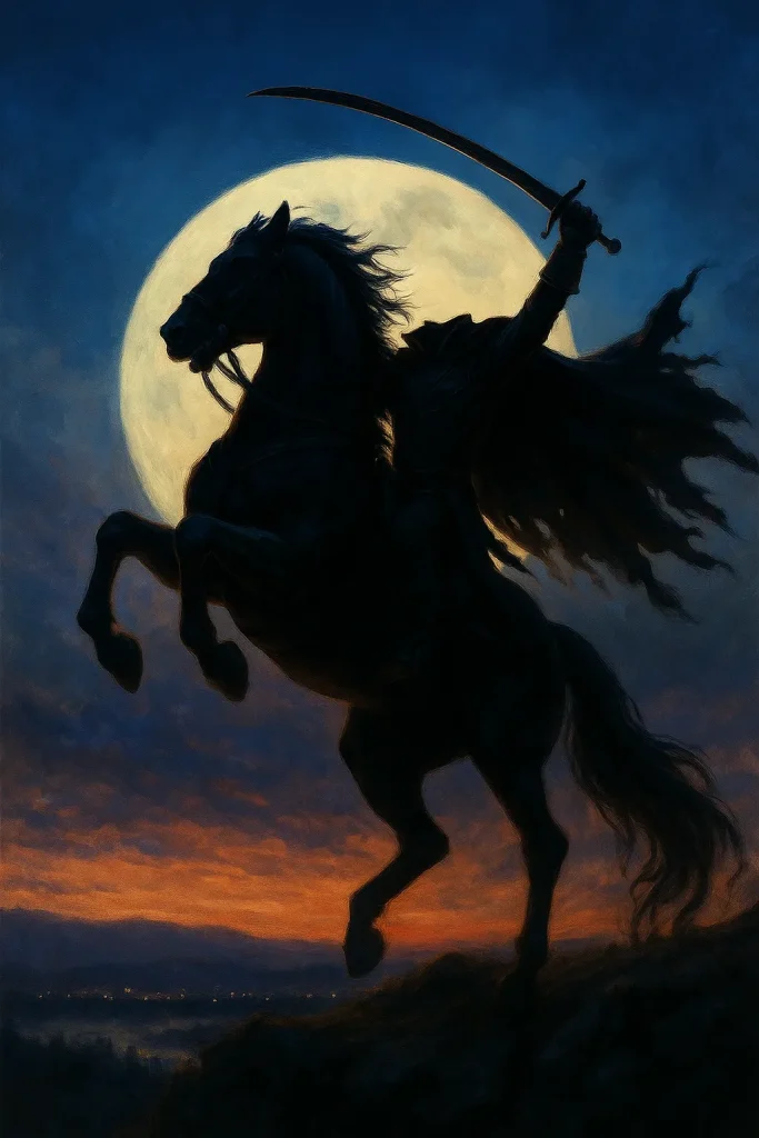Cavaliere senza testa su un cavallo nero impennato, in silhouette davanti alla luna piena, con un cielo al crepuscolo infuocato.