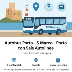 Illustrazione flat con autobus Sais Autolinee sulla linea circolare Porto – S.Marco – Porto a Milazzo