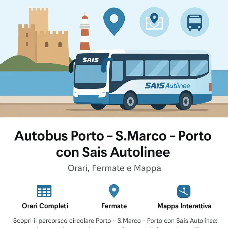 Illustrazione flat con autobus Sais Autolinee sulla linea circolare Porto – S.Marco – Porto a Milazzo