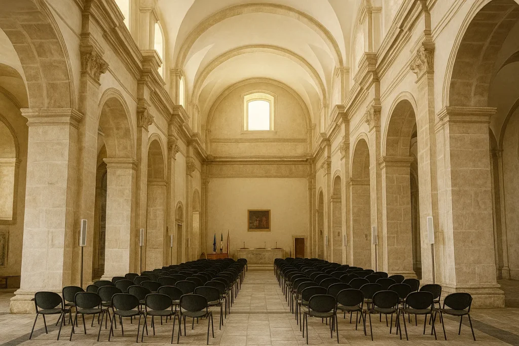 Interno della chiesa storica all’interno del Castello di Milazzo con navate e abside
