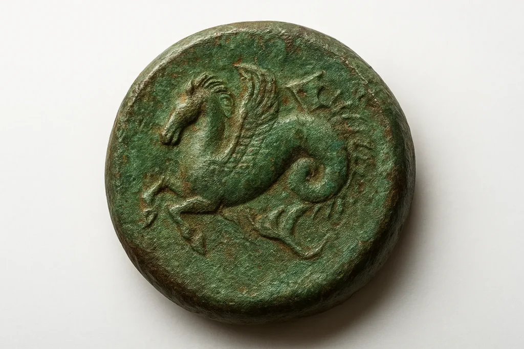 Moneta greca antica in bronzo con ippocampo