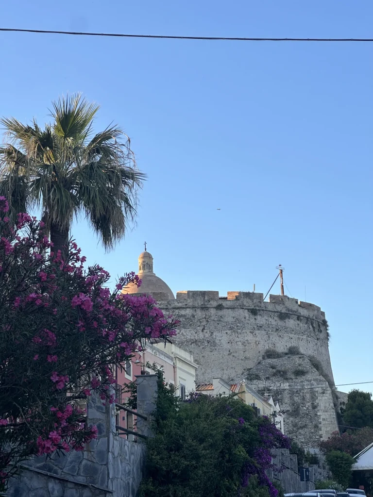 Veduta del bastione del castello di Milazzo dal basso con cupola e fiori in primo piano