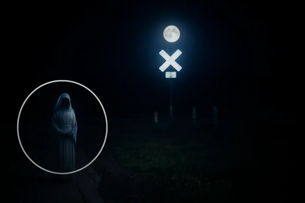 Fantasma di una monaca vestita di bianco davanti a un segnale ferroviario illuminato dalla luna piena, in una notte oscura e misteriosa.