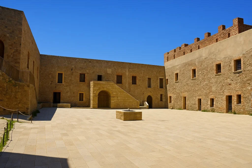 Cortile centrale del castello con pozzo e architetture medievali