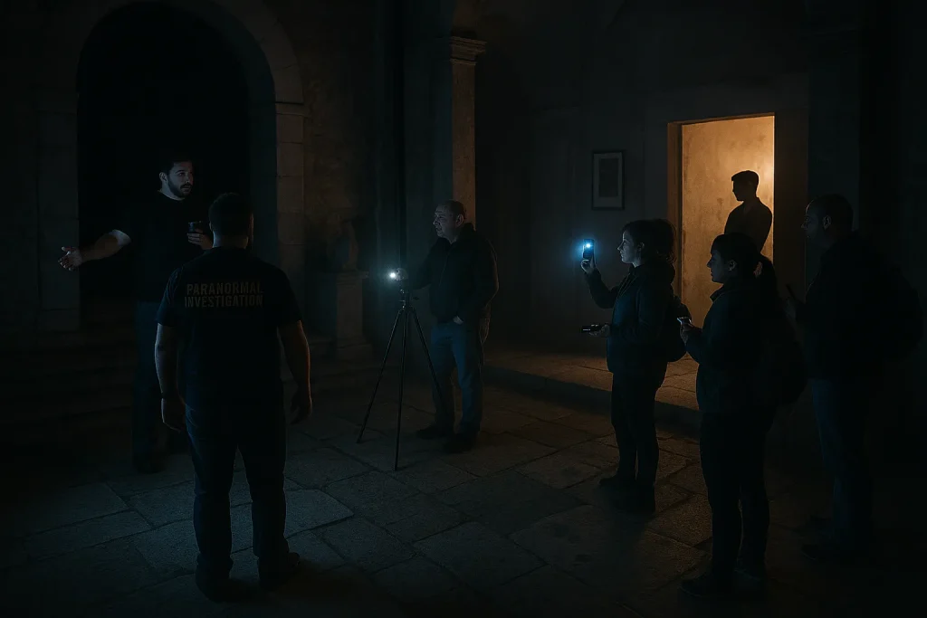 Gruppo di investigatori paranormali con strumenti e torce durante un sopralluogo notturno all’interno del Castello di Milazzo.