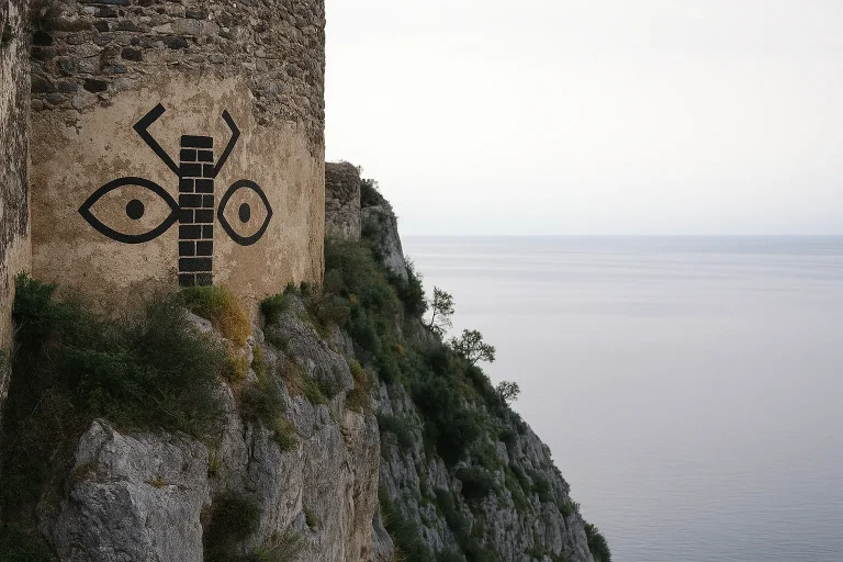 Simbolo dello scarabeo nero dipinto sul muro esterno del Castello di Milazzo a picco sul mare