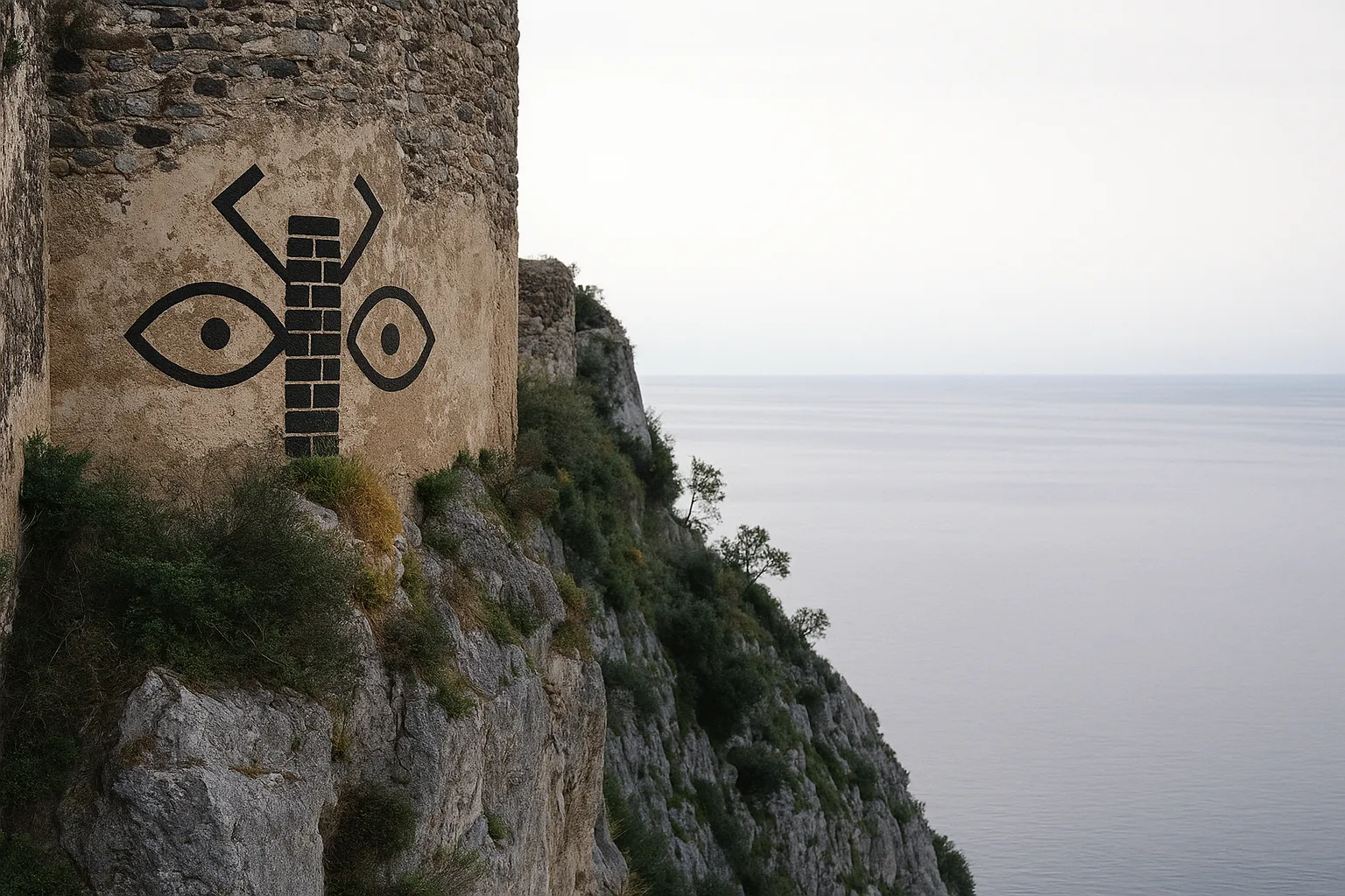 Simbolo dello scarabeo nero dipinto sul muro esterno del Castello di Milazzo a picco sul mare