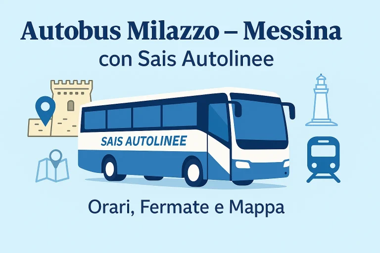 Illustrazione flat con autobus Sais Autolinee tra Milazzo e Messina, con castello, faro e icone di trasporto