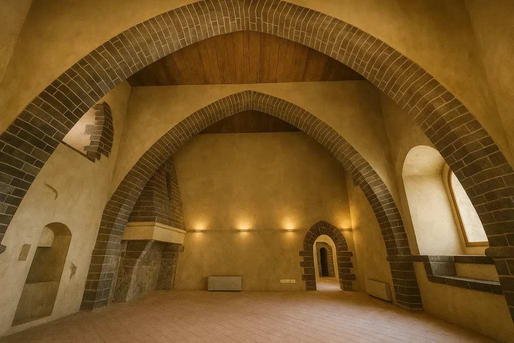 Interno restaurato del castello di Milazzo con archi gotici e luci soffuse