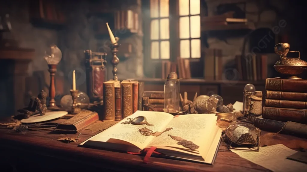 Manoscritti antichi, pergamene ingiallite e documenti storici aperti su un tavolo di legno antico, con inchiostro e penne d’epoca.