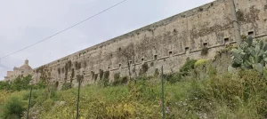 Parete fortificata del castello vista da sotto, con vegetazione e feritoie spagnole